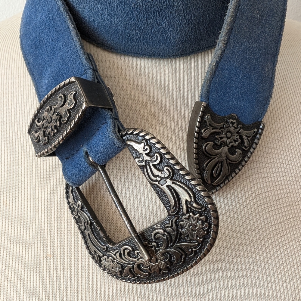 Western Blue Suede Belt with Silver Buckle